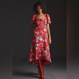 Maeve by Anthropologie Puff Sleeve Midi Dress Red Purple Floral Size 14